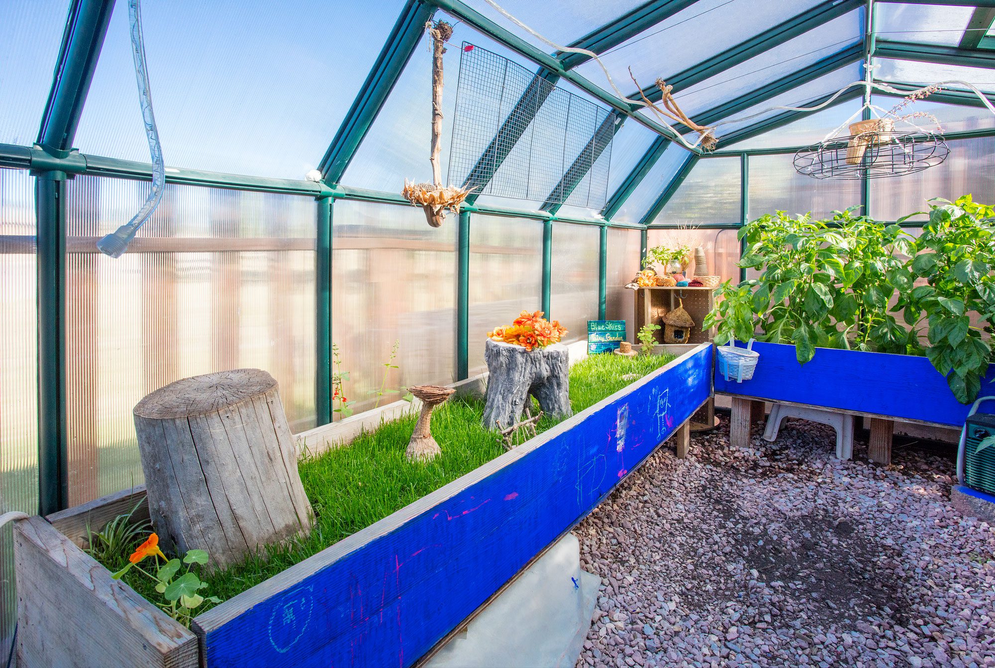 Image of outdoor learning center with grassy area and garden.